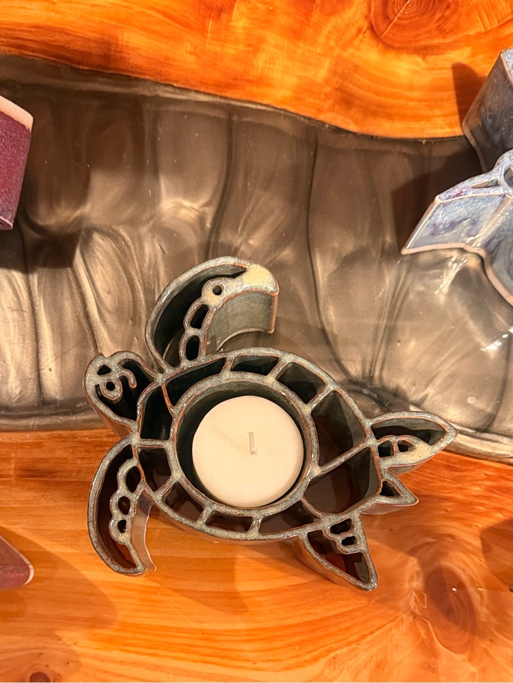 Sea Turtle Candlepot - Stoneware Pottery
 - Green Finish